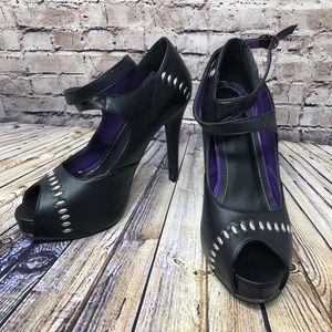 T.U.K. Silver Metal Stitches Goth Ankle Strap Buckle Heels